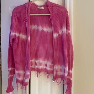 Pink tie dye zip up knit sweater